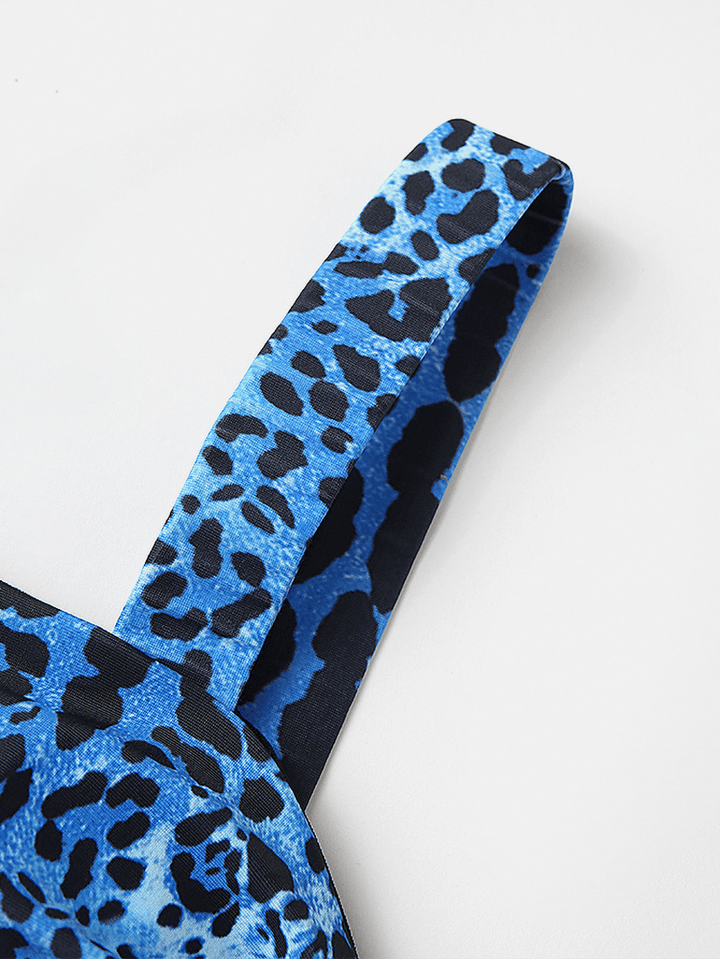 Women Leopard Print Tie Front Wide Shoulder Strap High Waist Bikinis - MRSLM