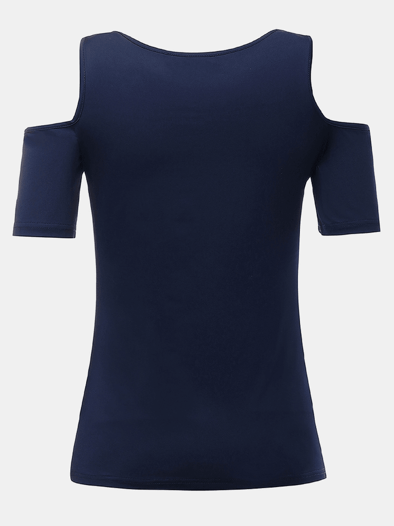 Solid Color V-Neck Cross Straps off Shoulder Short Sleeve T-Shirts - MRSLM