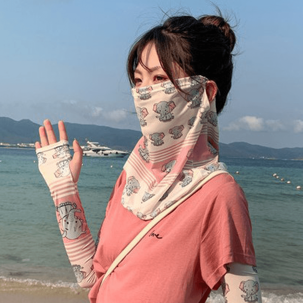 Women Sunscreen Outdoor UV Protection Ice Silk Sleeve Arm Guard Sleeve Cover Face Breathable Veil Mask - MRSLM
