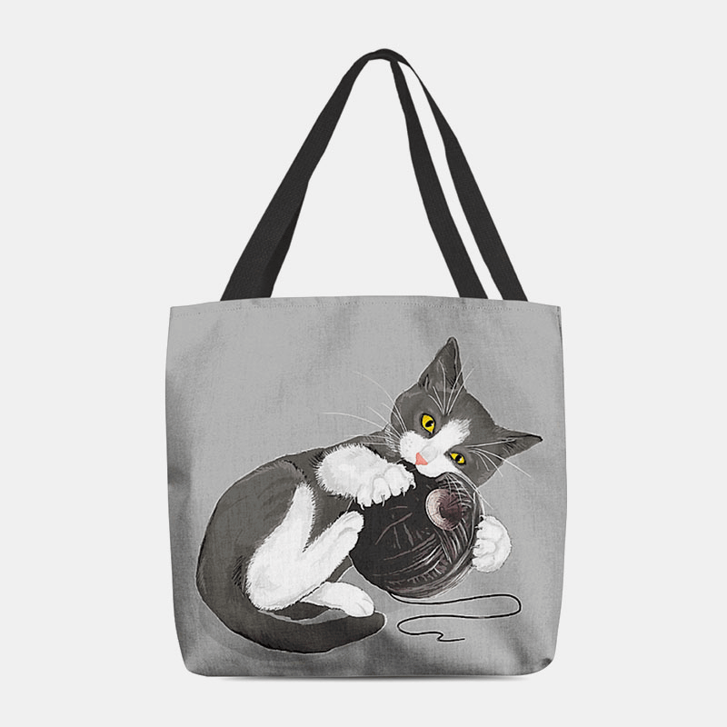 Women Felt Cute Cartoon Cat Playing Wool Ball Printing Pattern Casual Shoulder Bag Handbag Tote - MRSLM