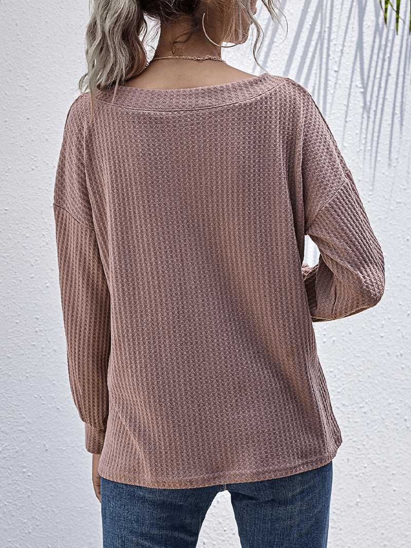 Women Texture Knit V-Neck Pure Color Long Sleeve Plain Sweaters - MRSLM