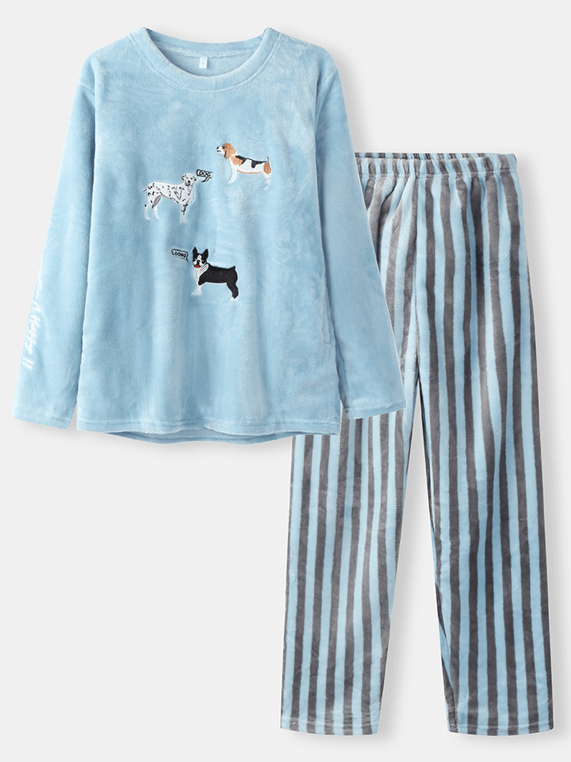 Women Cute Dogs Embroidery Flannel Thick Striped Pants O-Neck Warm Pajamas Sets - MRSLM