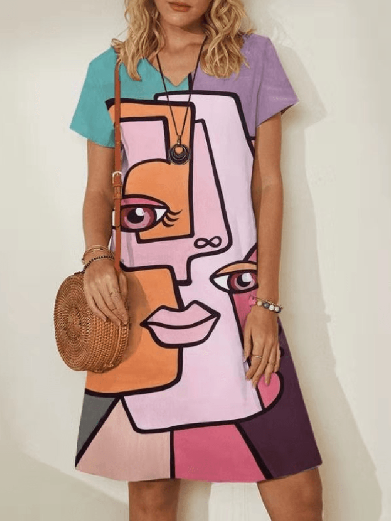 Colorful Abstract Figure Print V-Neck Casual Short Sleeve Midi Dresses for Women - MRSLM