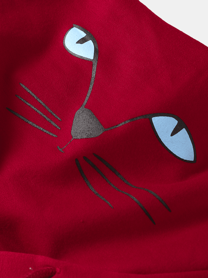 Women Cartoon Cat Print Double Neckline Masked Long Sleeve Hooded Sweatshirts - MRSLM