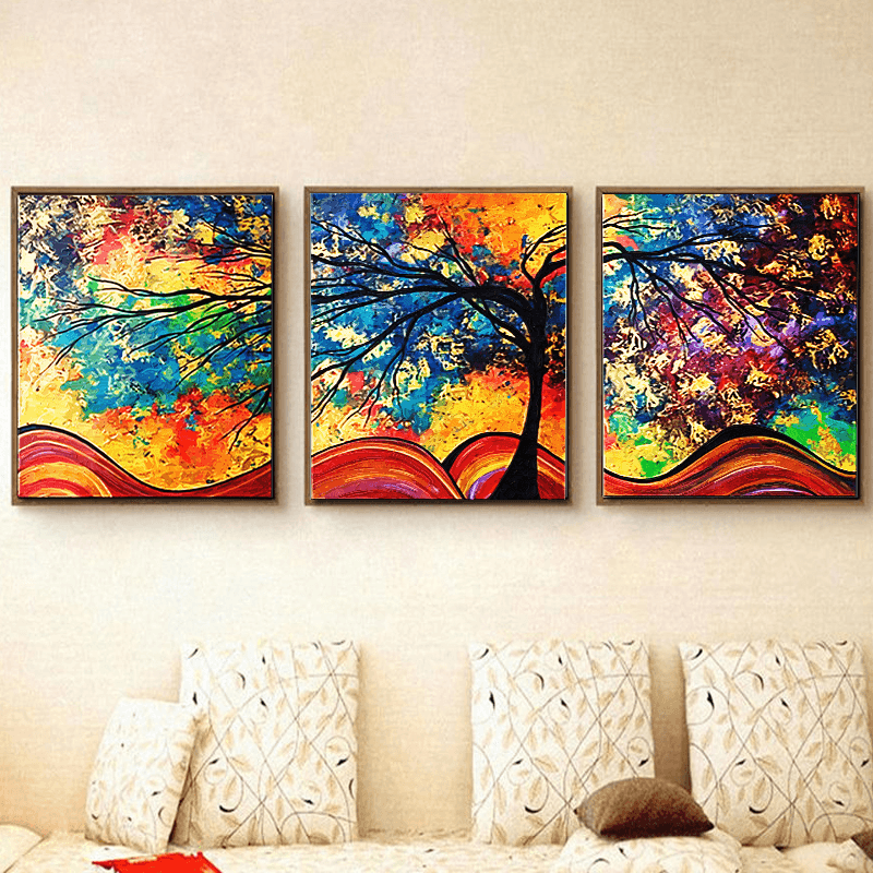 Miico Hand Painted Three Combination Decorative Paintings Money Tree Wall Art for Home Decoration - MRSLM
