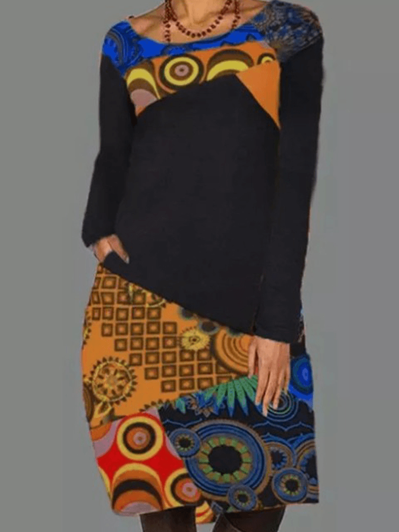 Women Ethnic Pattern Patchwork Casual Print round Neck Long Sleeve Dress - MRSLM
