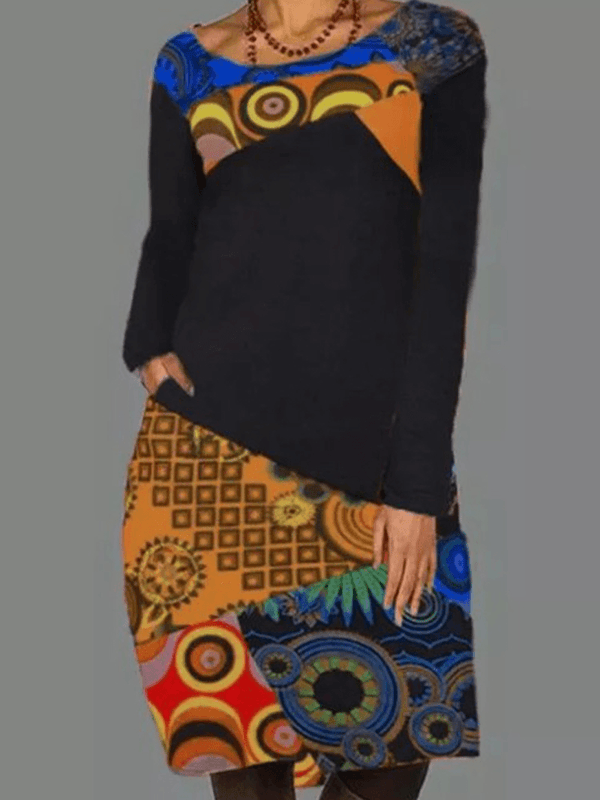 Women Ethnic Pattern Patchwork Casual Print round Neck Long Sleeve Dress - MRSLM