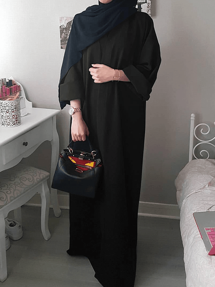 Women Vintage Solid Color Loose Casual Cardigan Abaya Kaftan Long Sleeve Robe - MRSLM