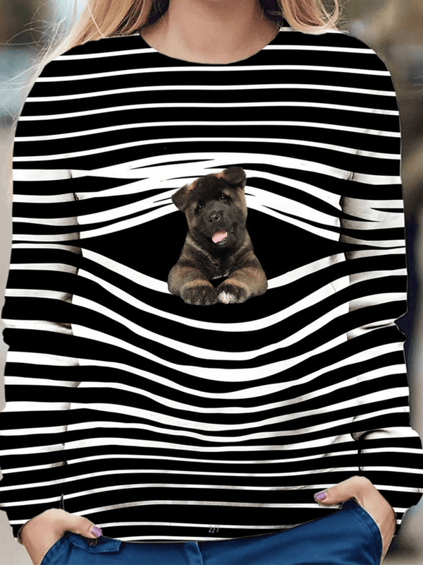 Women Stripe 3D Dog Print Pullover O-Neck Long Sleeve Casual Sweatshirts - MRSLM