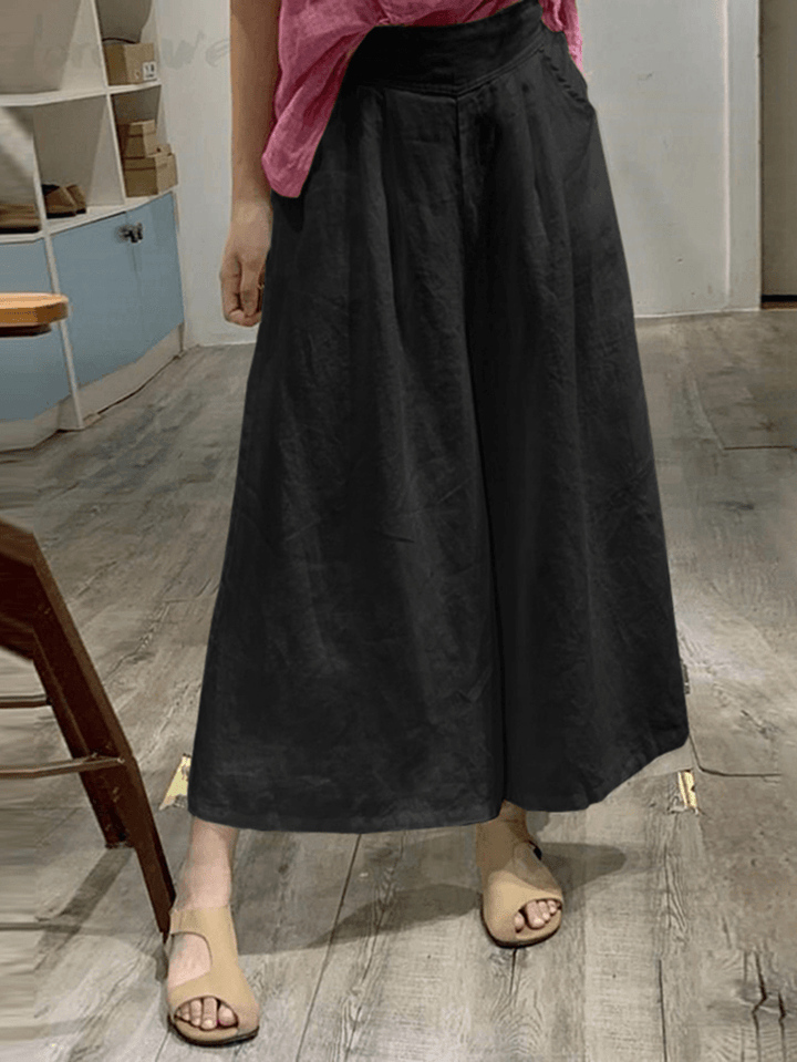 Women Cotton Elastic Waist Wide Leg Pants Casual Culottes with Pocket - MRSLM