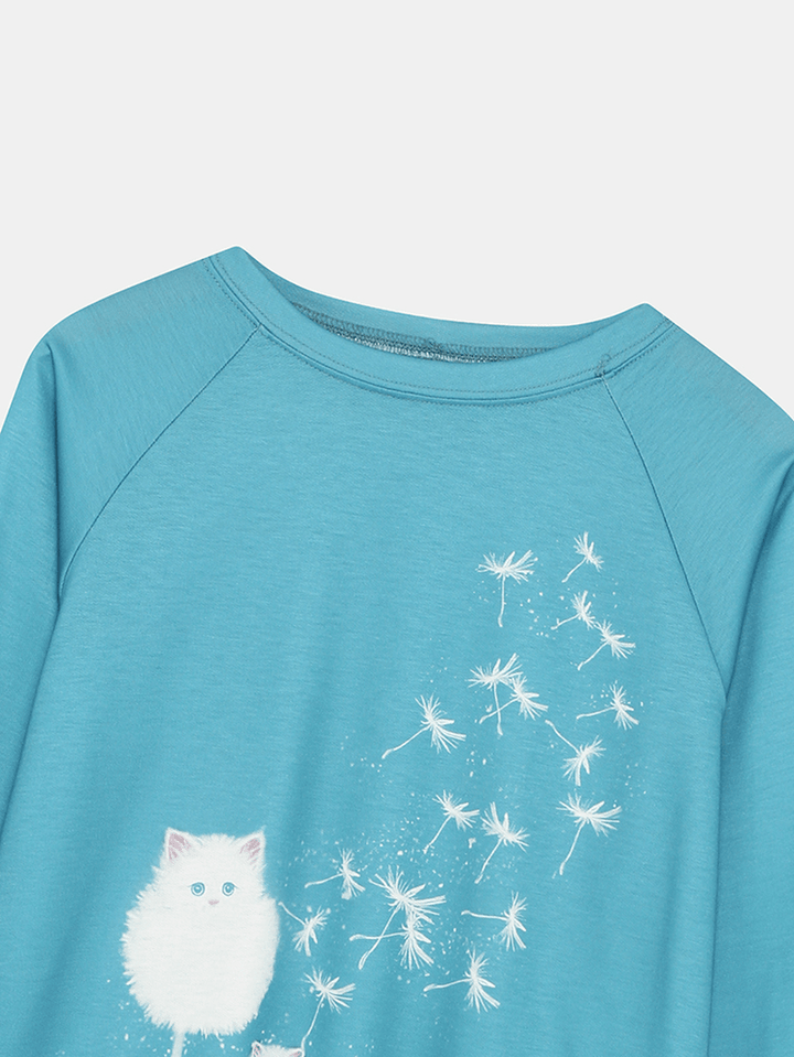 Women Cute Cat Dandelions Print round Neck Long Sleeve Casual Sweatshirt - MRSLM