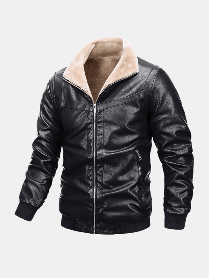 Mens Thicken Zipper Warm Fleece Lined Long Sleeve Leather Biker Jacket - MRSLM