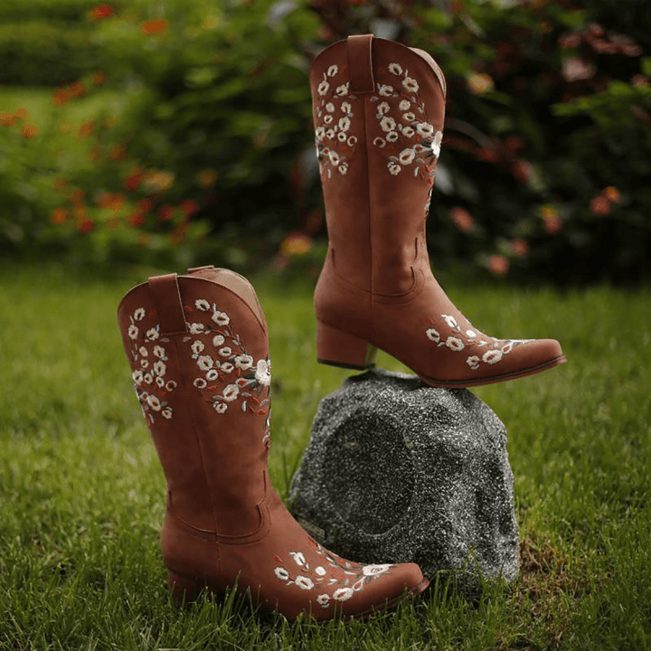 Women Large Size Retro Flowers Embroidered Slip on Cowboy Boots - MRSLM