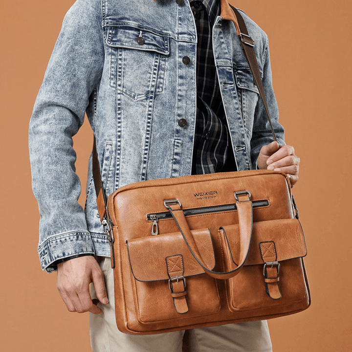 Men Zipper Multi-Pocket Handbag Large Capacity Anti-Theft Retro 13.3 Inch Laptop Briefcase Crossbody Bags - MRSLM