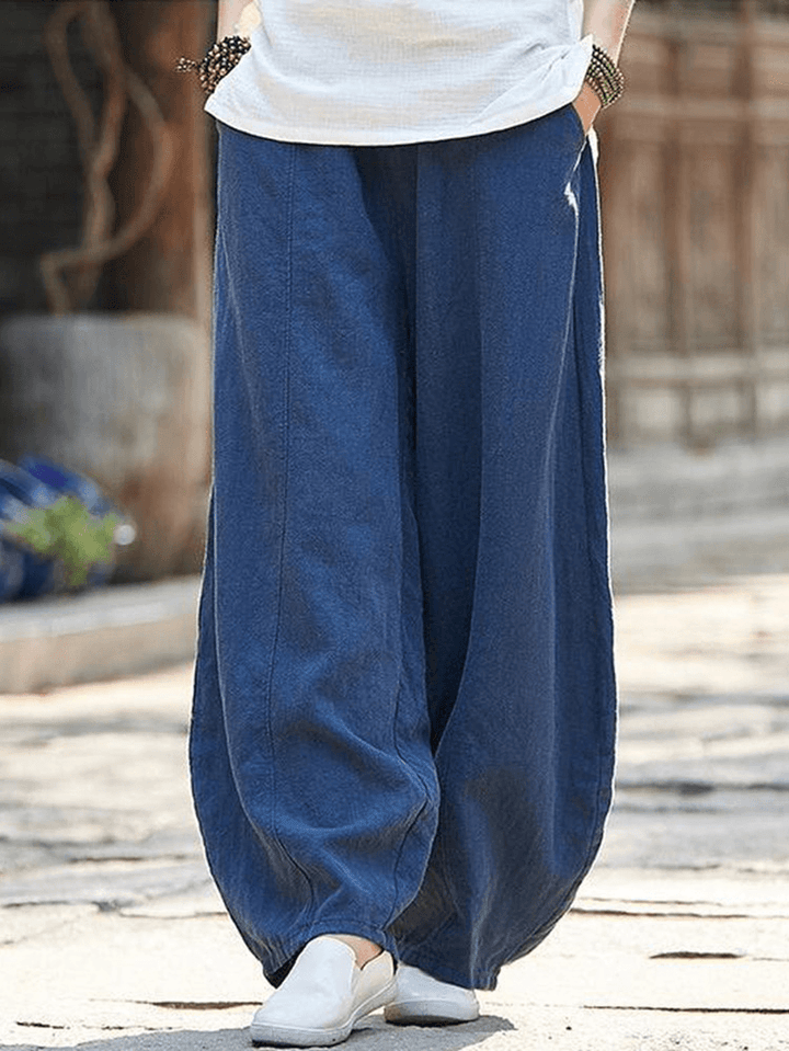 Cotton Linen Solid Color Elastic Waist Loose Casual Pants with Pocket - MRSLM