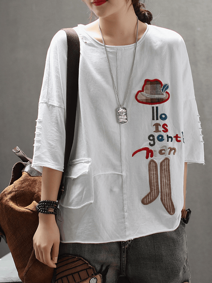 Women Casual Cartoon Embroidery Half Sleeve T-Shirts - MRSLM