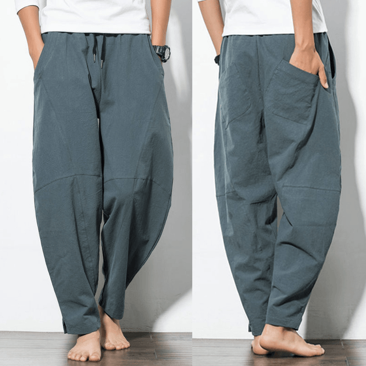 Men'S Loose Wide Leg Pants Solid Color Casual Baggy Breathable Cotton Harem Pants - MRSLM