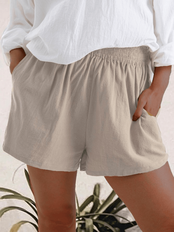 Women Casual Solid Color Elastic Waist Pocket Shorts - MRSLM