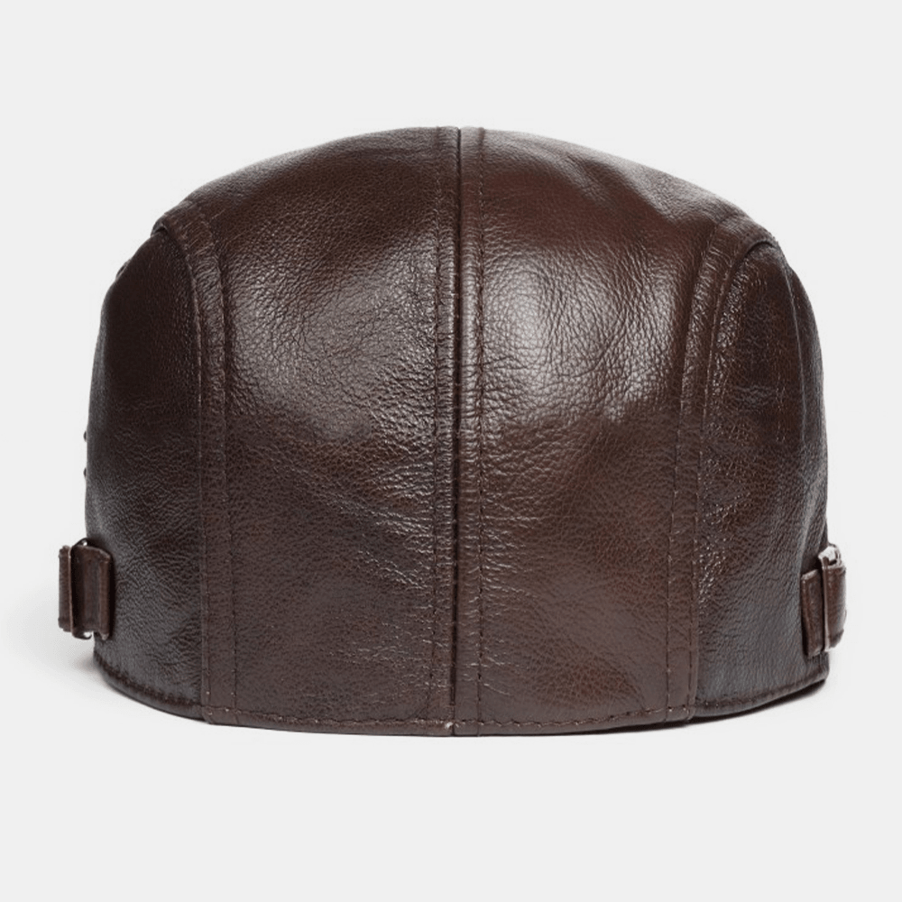 Men Genuine Leather Solid Classical Casual Forward Hat Beret Hat - MRSLM