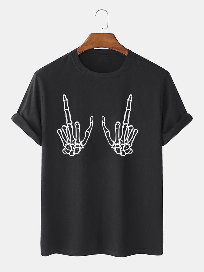 Men 100% Cotton Dark Black Gothic Style Skull Gesture Casual T-Shirts - MRSLM