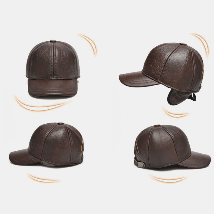 Men Genuine Leather plus Thickness Winter Outdoor Keep Warm Ear Protection Casual Outdoor Baseball Hat - MRSLM