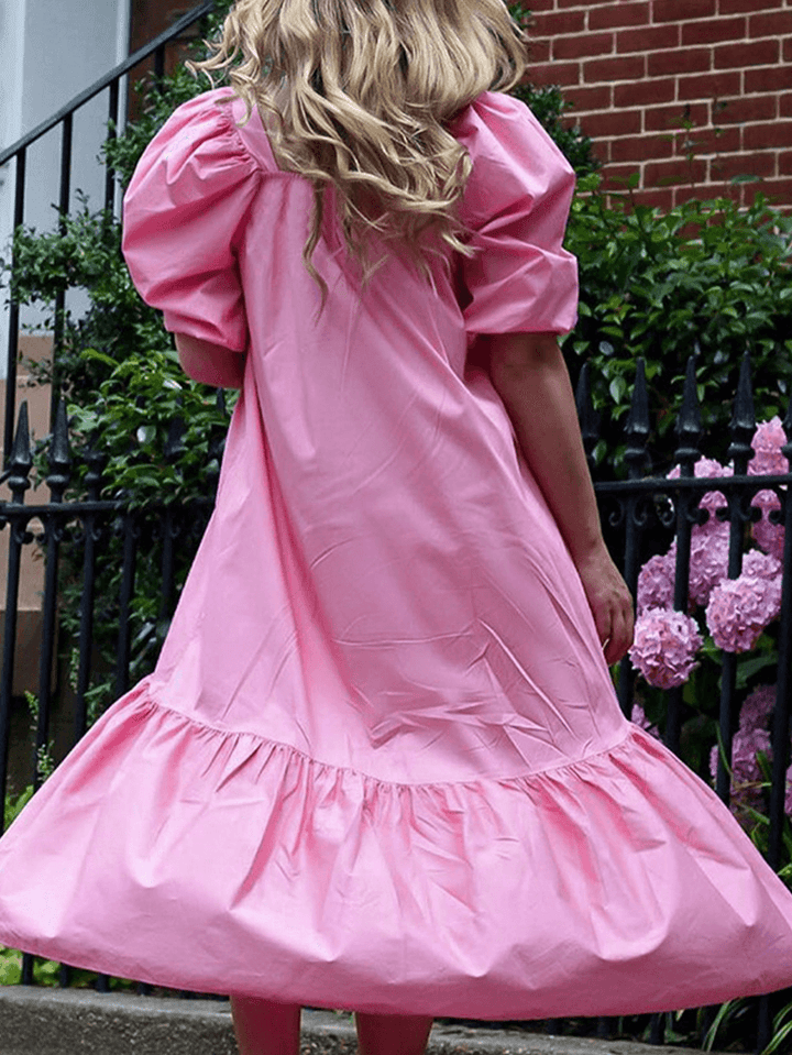 Women Solid Color Puff Sleeve Big Swing Casual Square Neck Midi Layered Dress - MRSLM