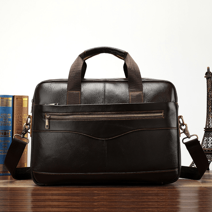 Men Genuine Leather Multi-Pocket 14 Inch Laptop Bag Briefcase Business Handbag Crossbody Bag - MRSLM