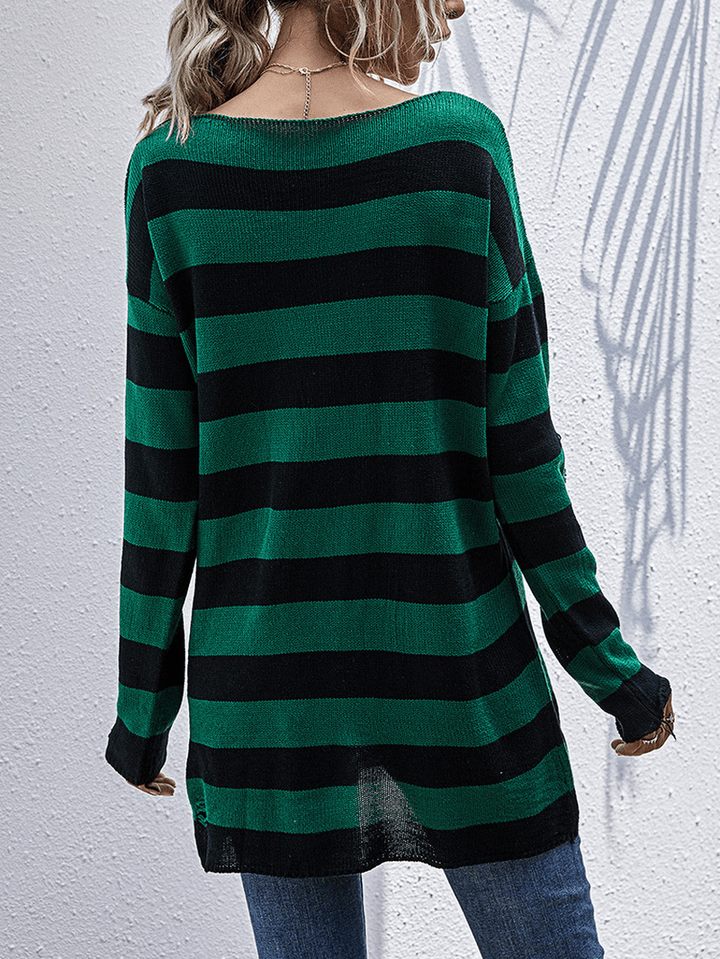 Women Striped Long Sleeve V-Neck Knitted Sweaters - MRSLM