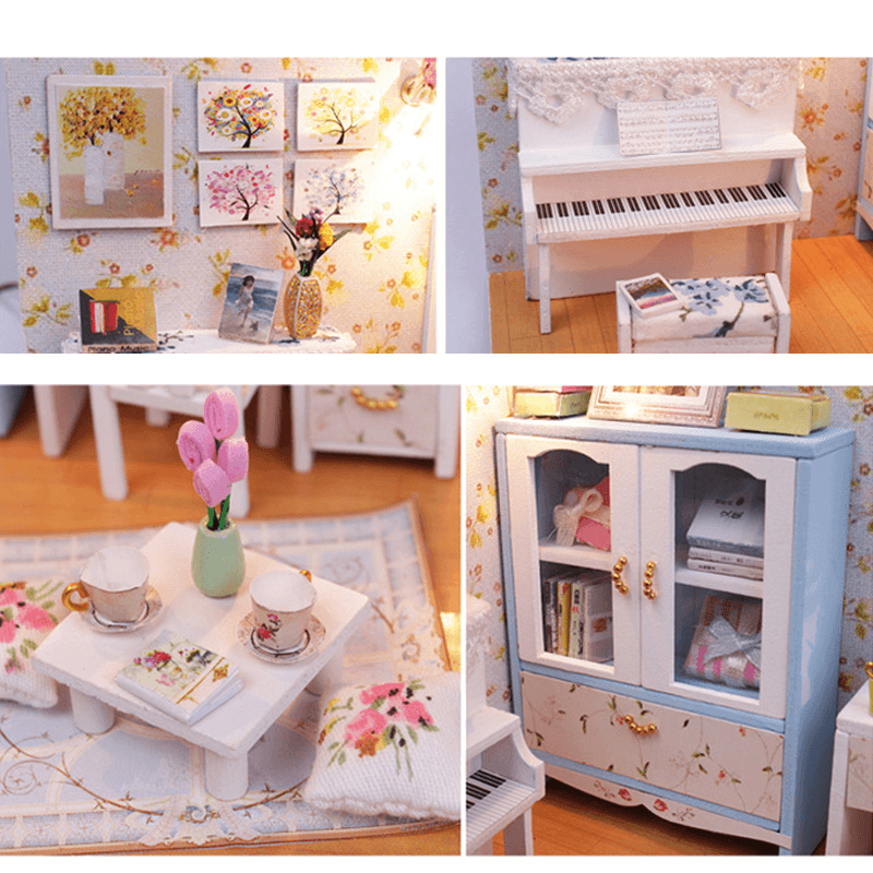 Wooden DIY Handmade Assemble Miniature Doll House Kit Toy with LED Light Dust Cover for Gift Collection Home Decoration - MRSLM