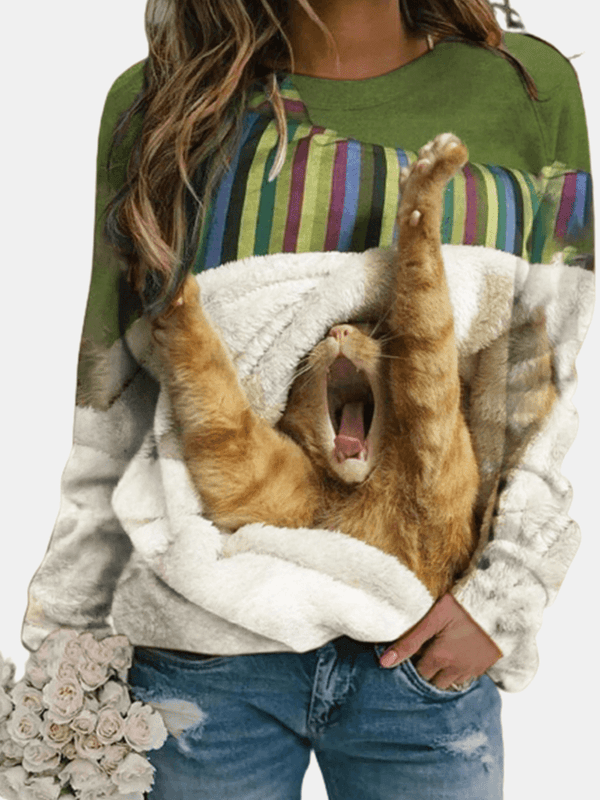 Women Cute Cat Printed round Neck Casual Raglan Sleeve Pullover Sweatshirts - MRSLM
