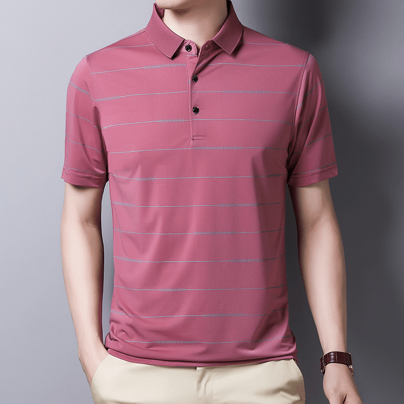 Men'S Lapel Quick-Drying Striped Short-Sleeved T-Shirt - MRSLM