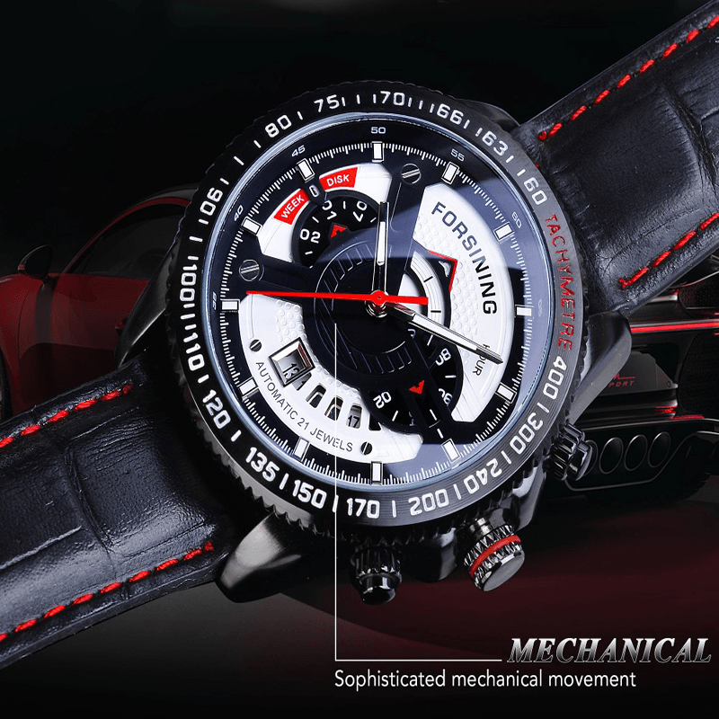 FORSINING A231 Fashion Men Automatic Watch Luminous Date Week Month Display Waterproof Leather Strap Mechanical Watch - MRSLM