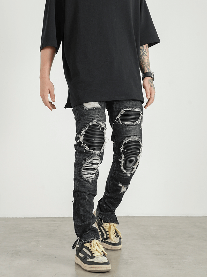 Men Ripped Patch PU and Leather Zipper Jeans - MRSLM
