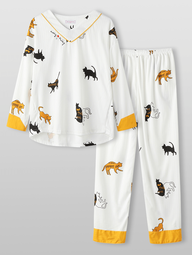 Women Cartoon Cat Print V-Neck Long Sleeve Loose Lounge Home Two-Piece Pajamas Sets - MRSLM
