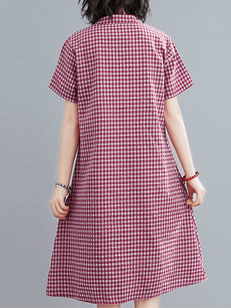 Short Sleeve Stand Collar Pleated Spliced Plaid Casual Dress for Women - MRSLM
