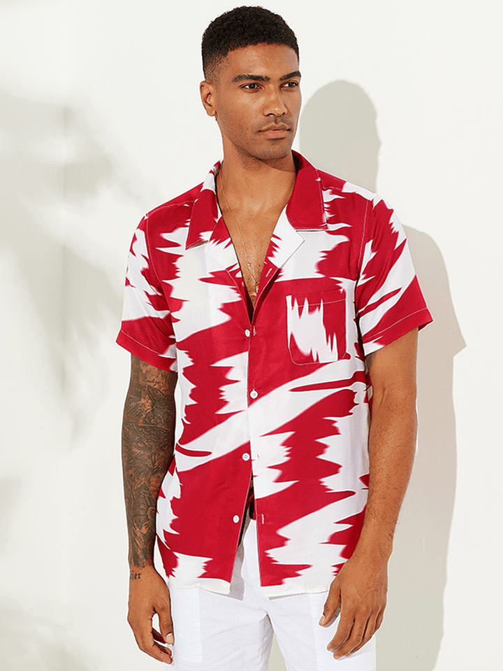 Mens Abstract Printed Contrast Color Chest Pocket Short Sleeve Loose Fashion Shirts - MRSLM