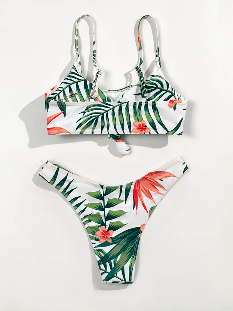 Tropical Print Spaghetti Straps Knotted Hawaii Style Holiday Beach Bikini for Women - MRSLM