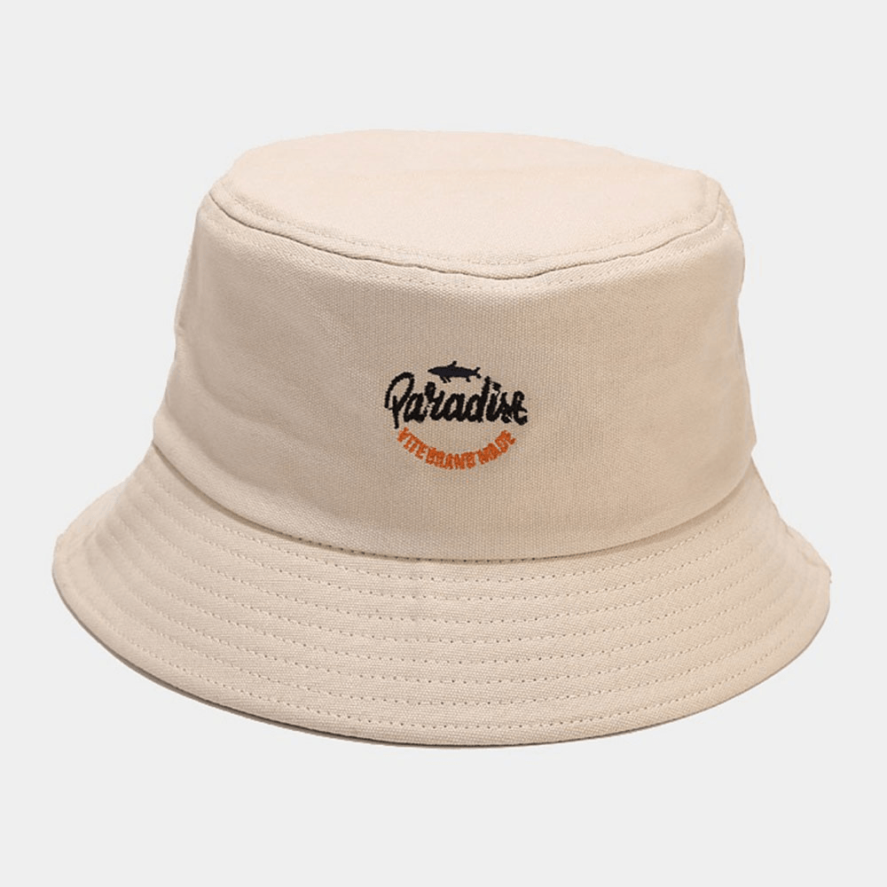 Unisex Cotton Solid Color Shark Letter Pattern Embroidery Fashion Sunshade Bucket Hat - MRSLM
