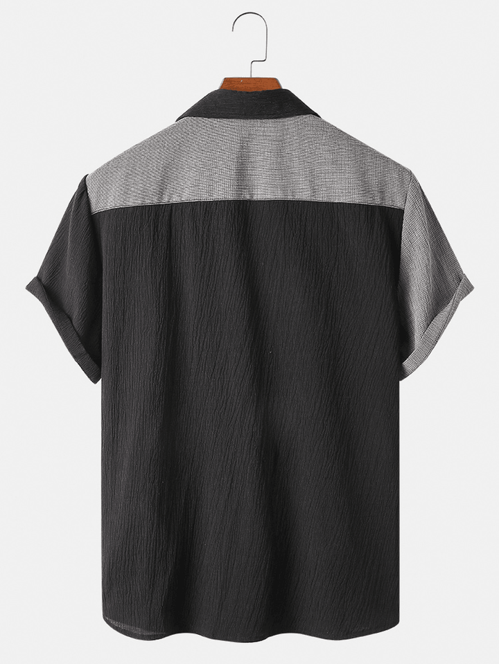 Mens Solid Color Patchwork Wrinkle Short Sleeve Shirts with Pocket - MRSLM