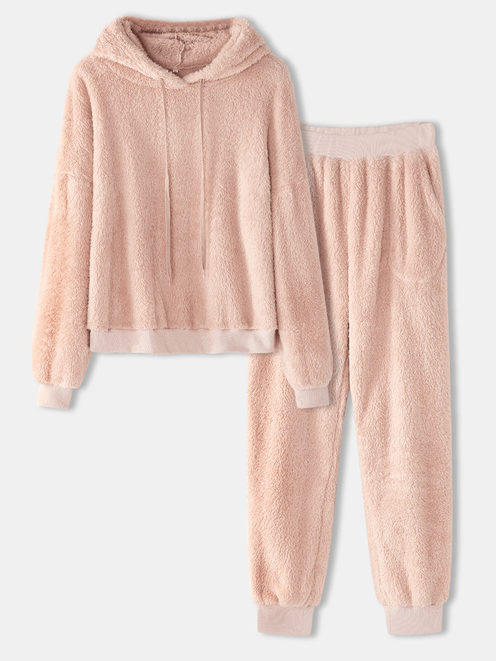 Women Soft Solid Color Hoodie Pocket Elastic Waist Jogger Pants Home Plush Pajama Set - MRSLM
