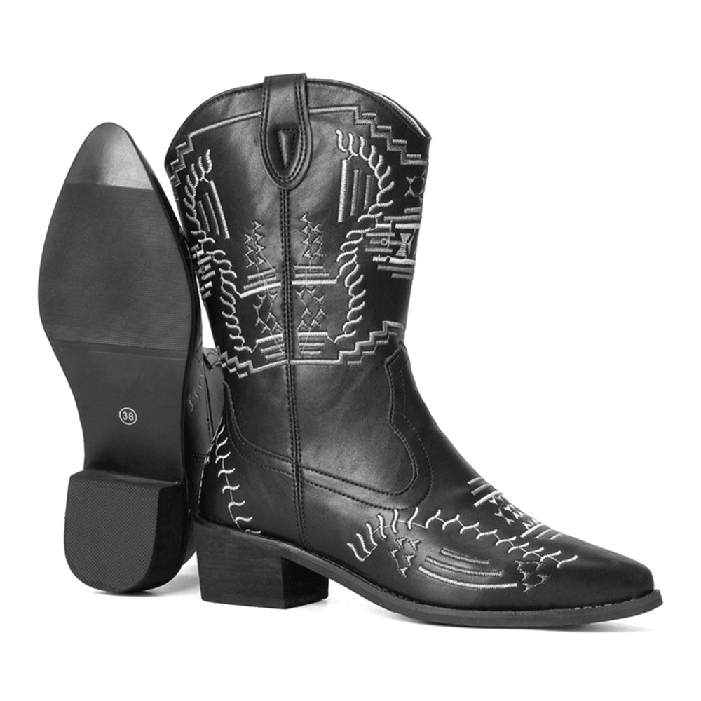 Women Casual Pointed Toe Vintage Embroidered Western Cowboy Boots Martin Boots - MRSLM