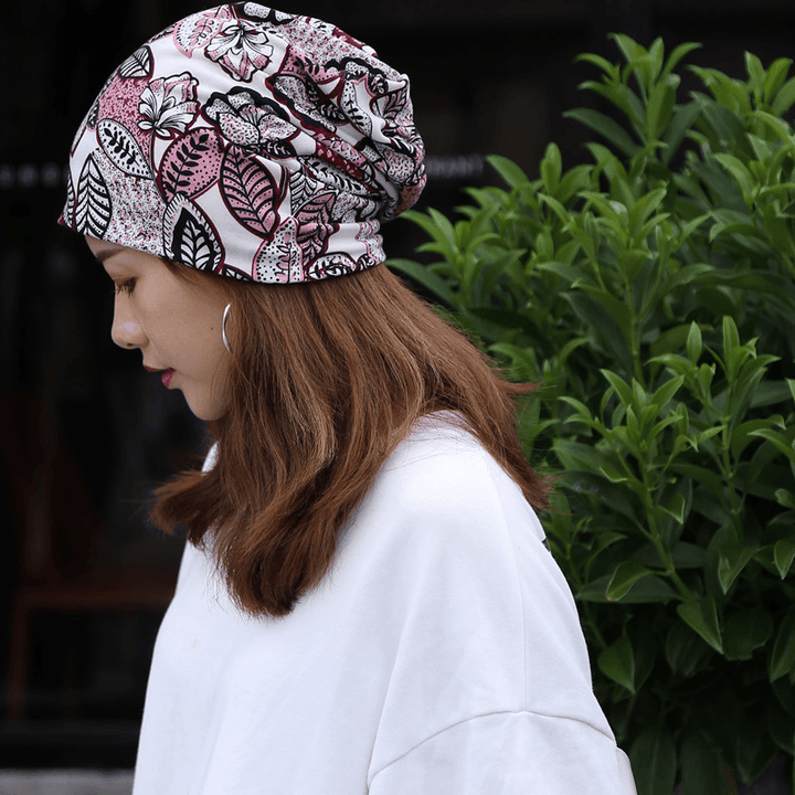 Women Cotton Floral Leaf Printing Pattern Casual Outdoor Dual-Use Neck Protection Brimless Beanie - MRSLM