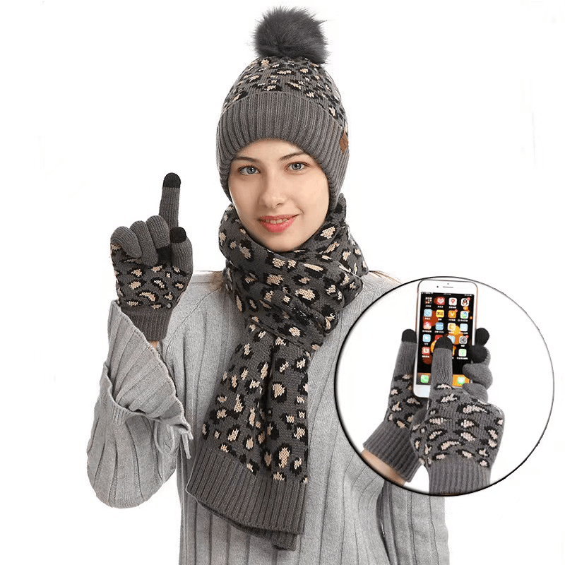 Winter Leopard Print Warm Knitted Wool Hat Scarf Gloves Three Piece Set - MRSLM