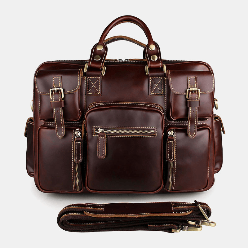 Men Genuine Leather Detachable Strap Large Multi-Pocket 15.6 Inch Laptop Bag Briefcase Messenger Bag Crossbody Bags - MRSLM