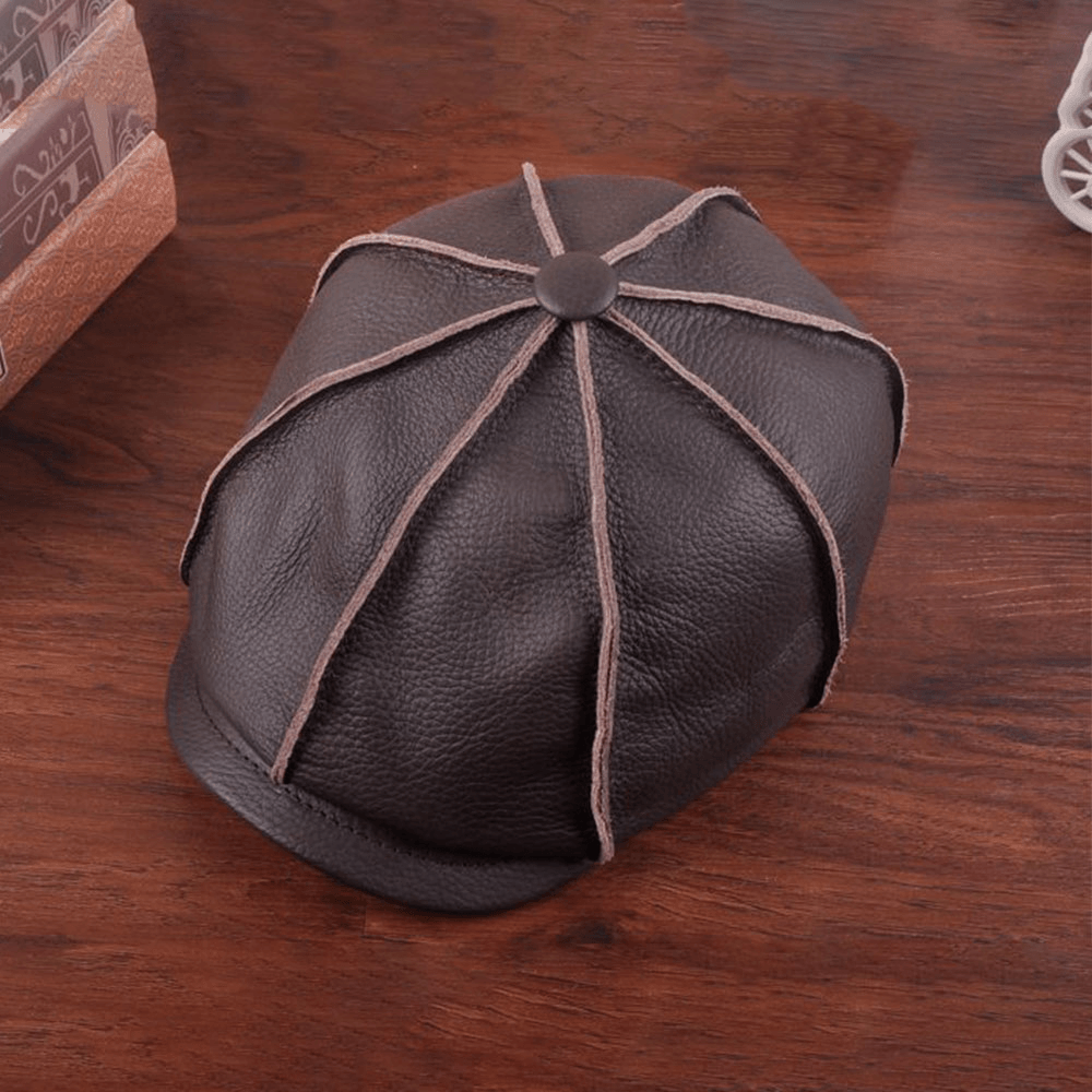 Men Genuine Leather Casual Keep Warm Artist Style Newsboy Hat Beret Hat - MRSLM