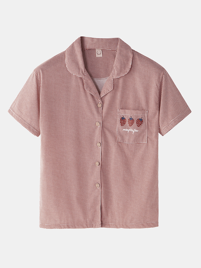 Women Houndstooth Strawberry Print Revere Collar Button up Home Pajama Set - MRSLM
