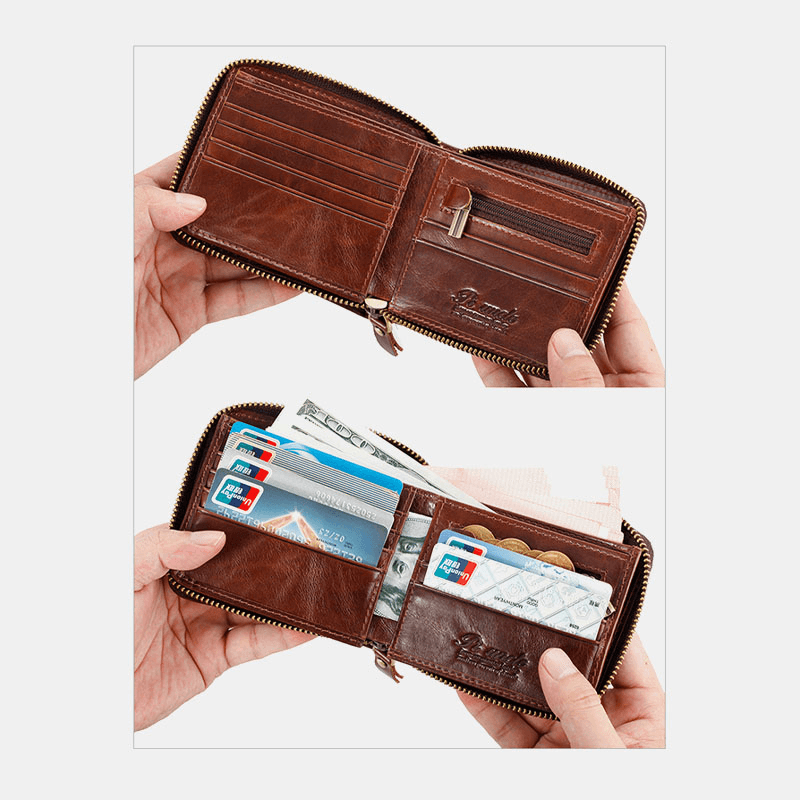 Men Genuine Leather Mini Retro Leather Coin Card Holder Zipper Wallet - MRSLM