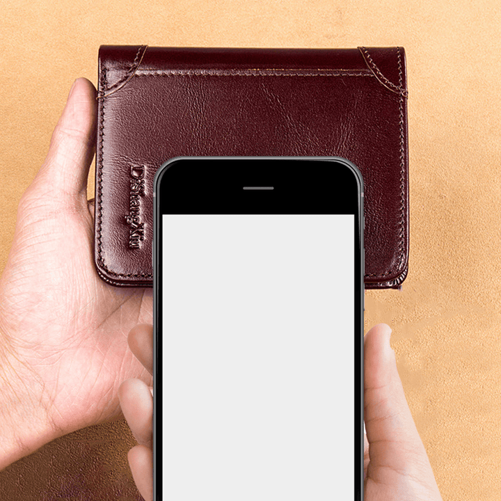 Men RFID Blocking Secure Wallet Fashion Vintage Purses Genuine Leather Tri-Fold Wallet Short Wallet - MRSLM