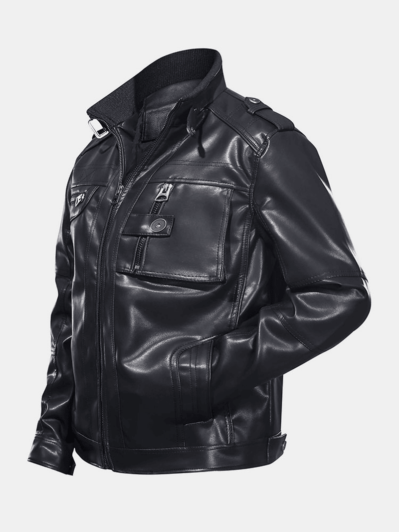 Mens Pocket Zip-Up PU Leather Black Long Sleeve Motorcycle Jacket - MRSLM