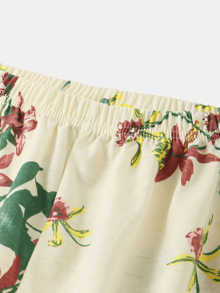 Plus Size Women Plant Print Short Sleeve Top Elastic Waist Pants Home Casual Pajama Set - MRSLM